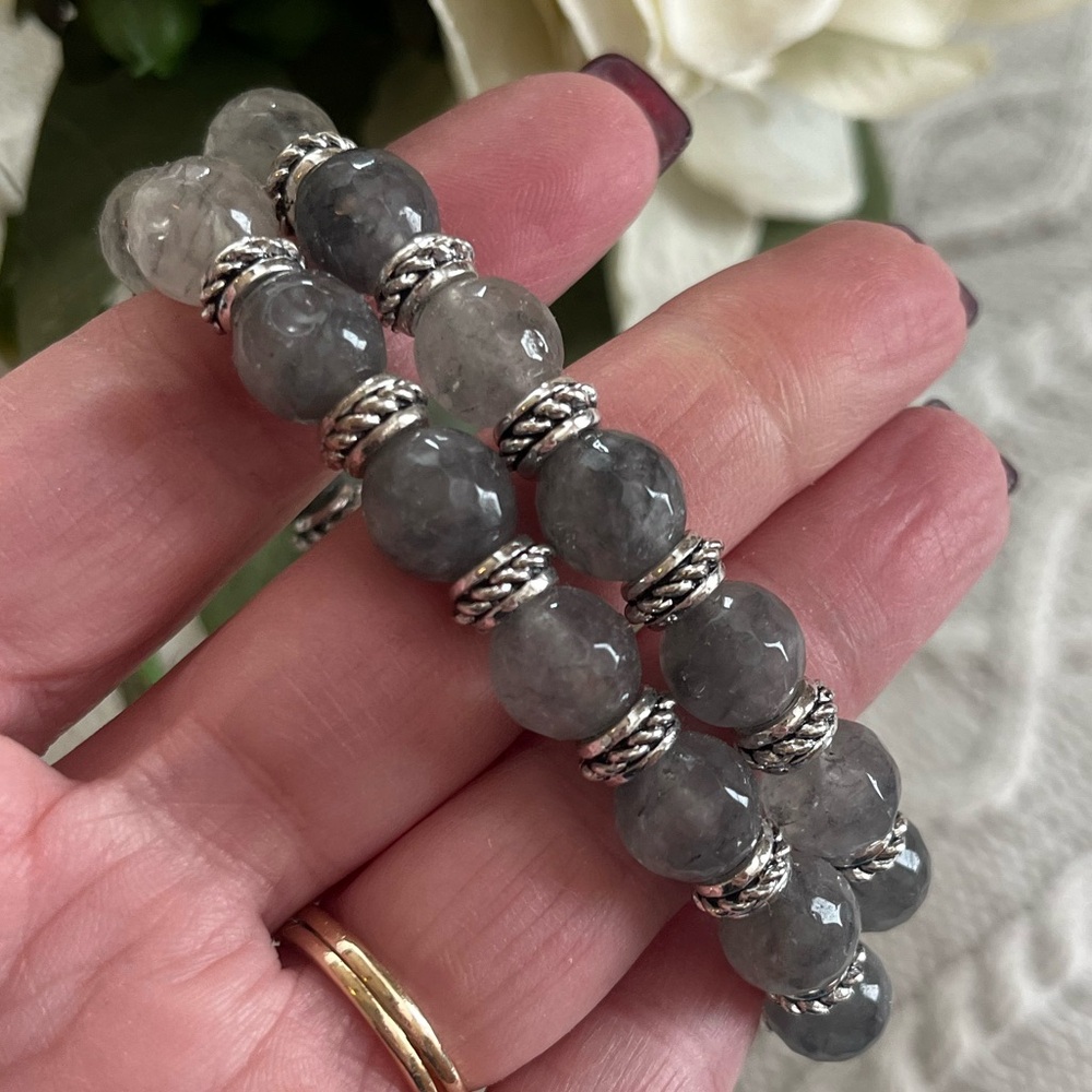 Two Elegant Gray Hue Beaded Glass Bracelets Stretch Bands OSFM